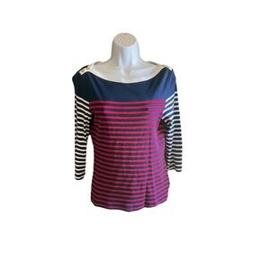 Lauren Ralph Lauren Striped Nautical‎ Top Navy Red White Gold Buttons M